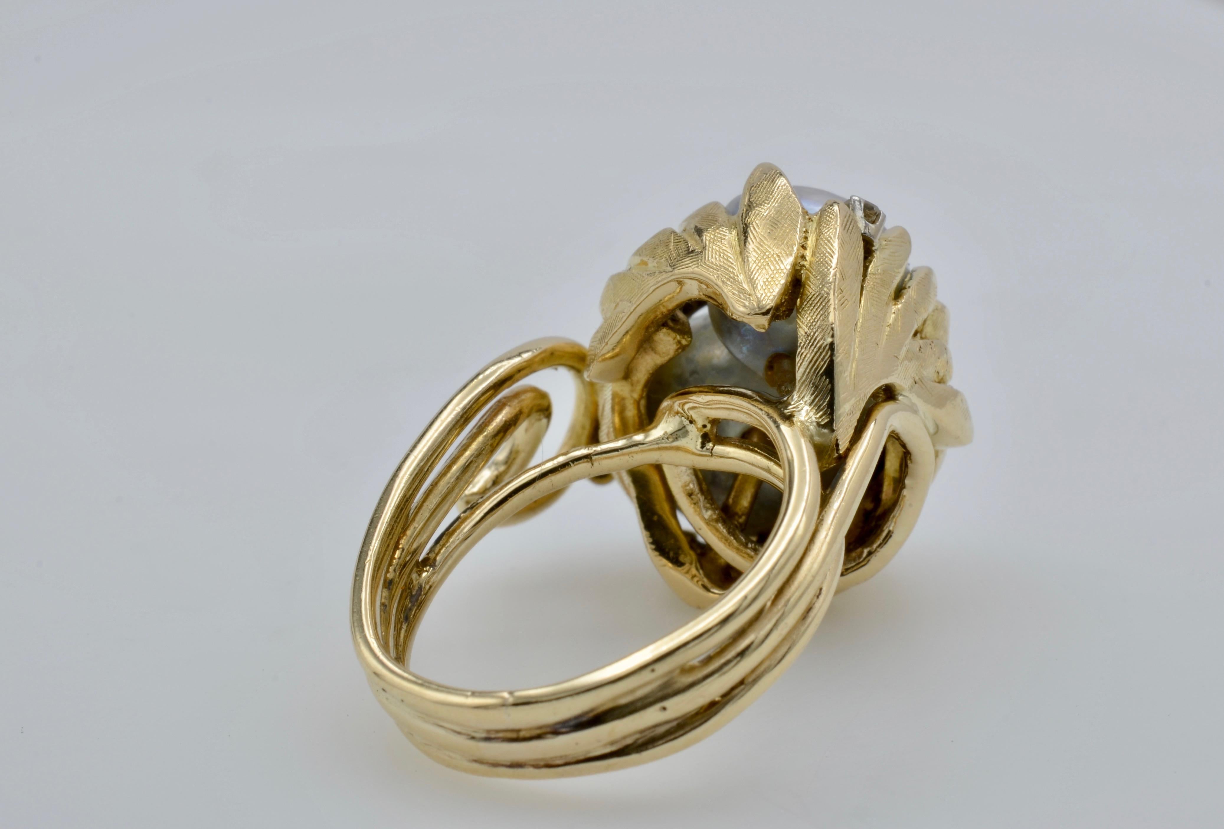 Round Cut South Sea Pearl Diamond Ring Leaves Circa 1970 For Sale