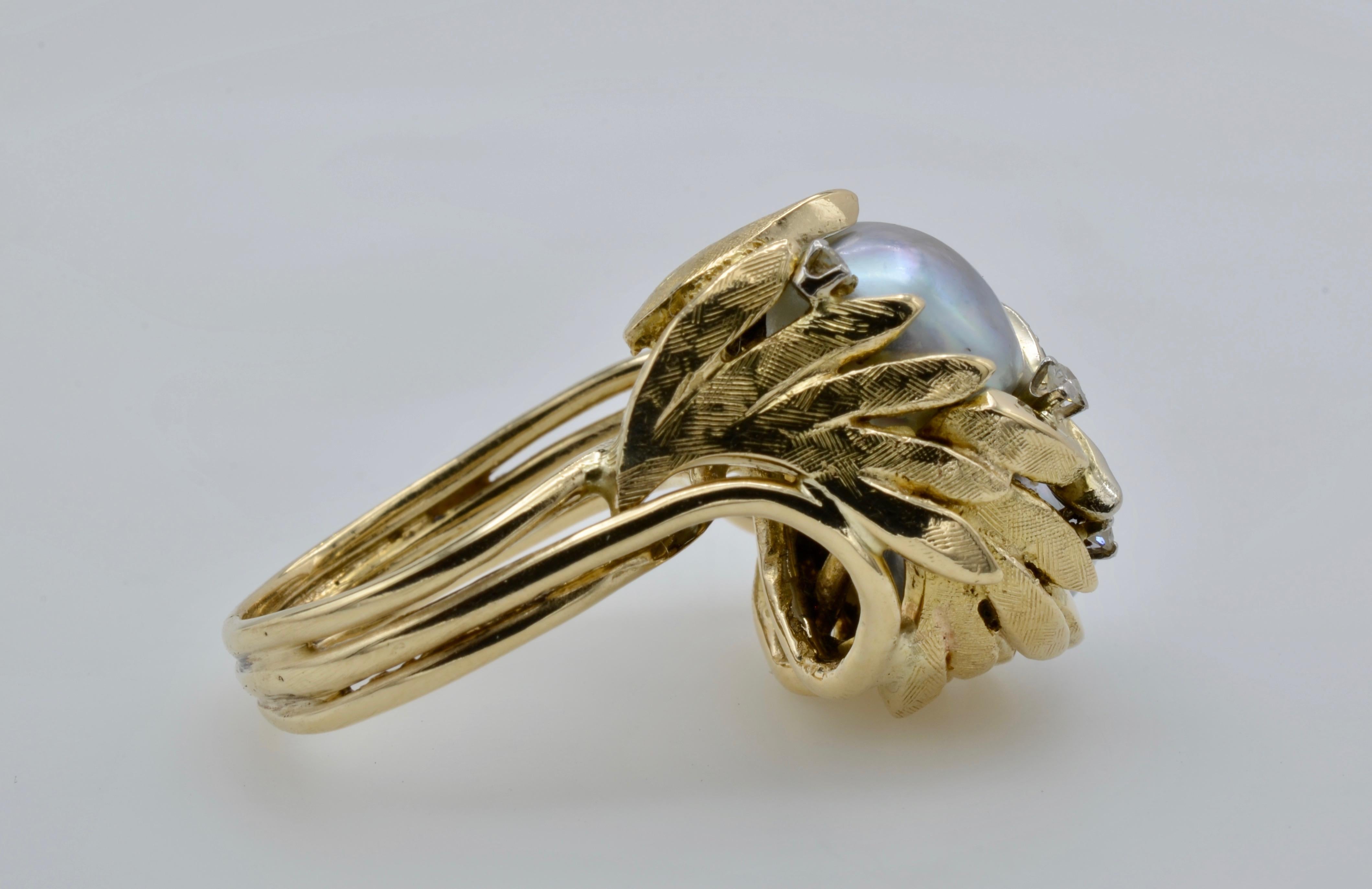 Women's South Sea Pearl Diamond Ring Leaves Circa 1970 For Sale