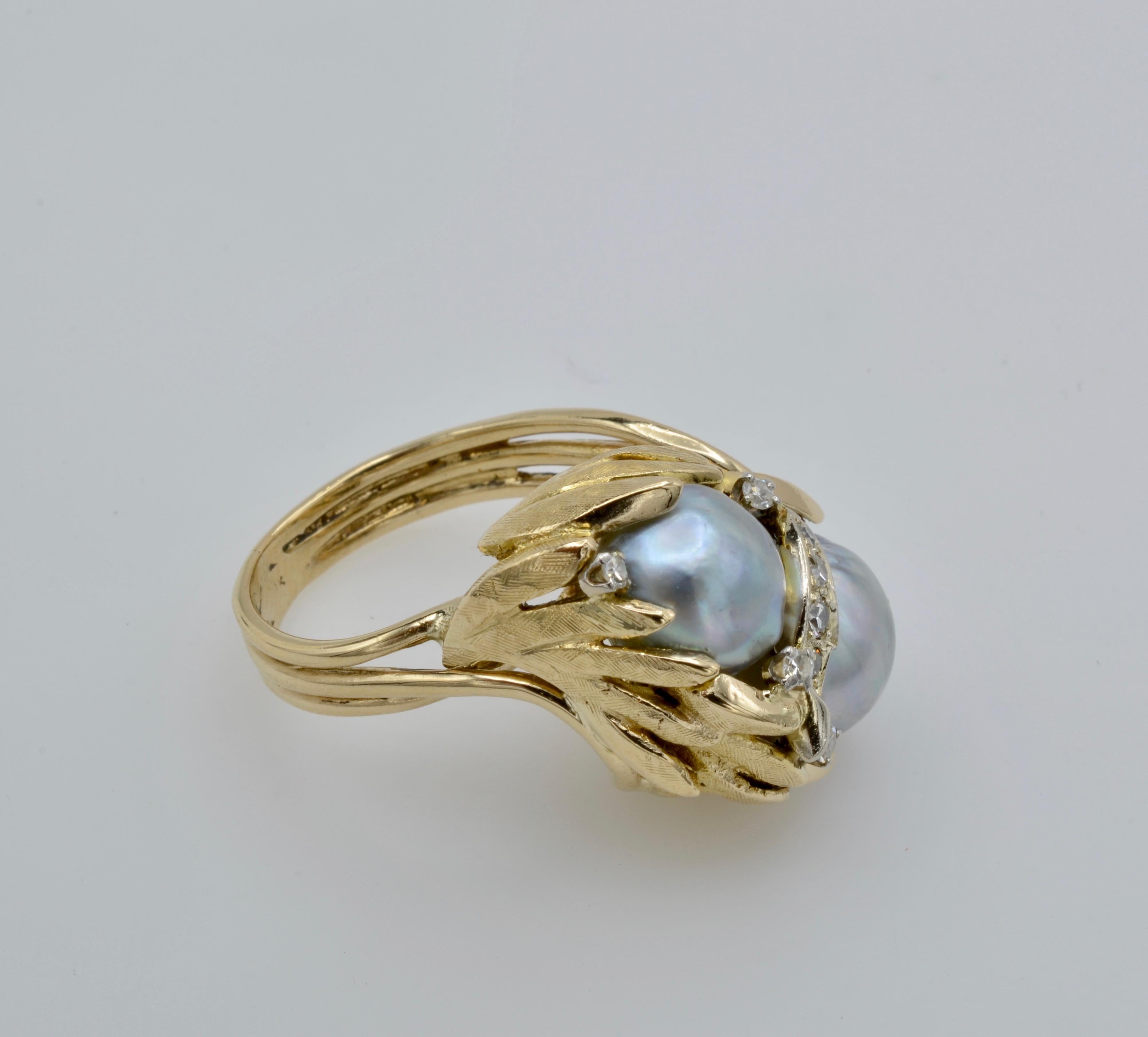 South Sea Pearl Diamond Ring Leaves Circa 1970 For Sale 1