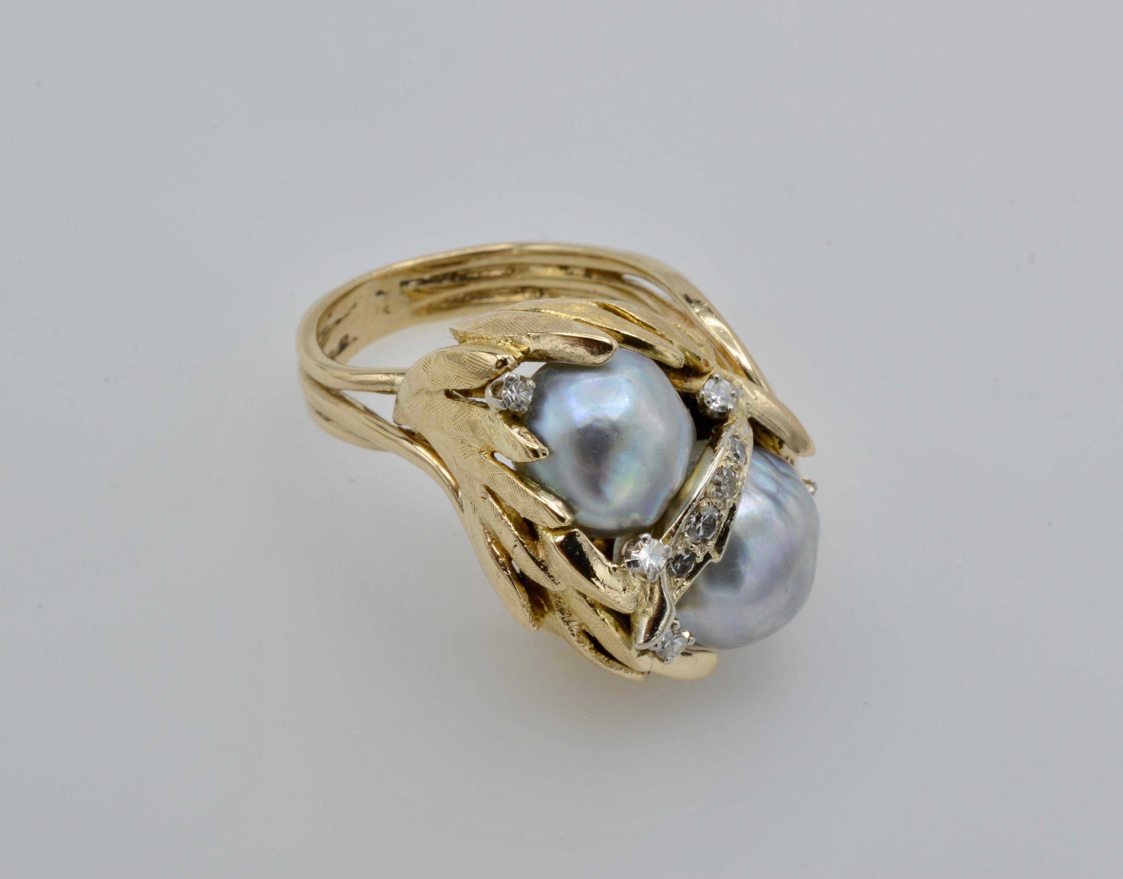South Sea Pearl Diamond Ring Leaves Circa 1970 For Sale 2