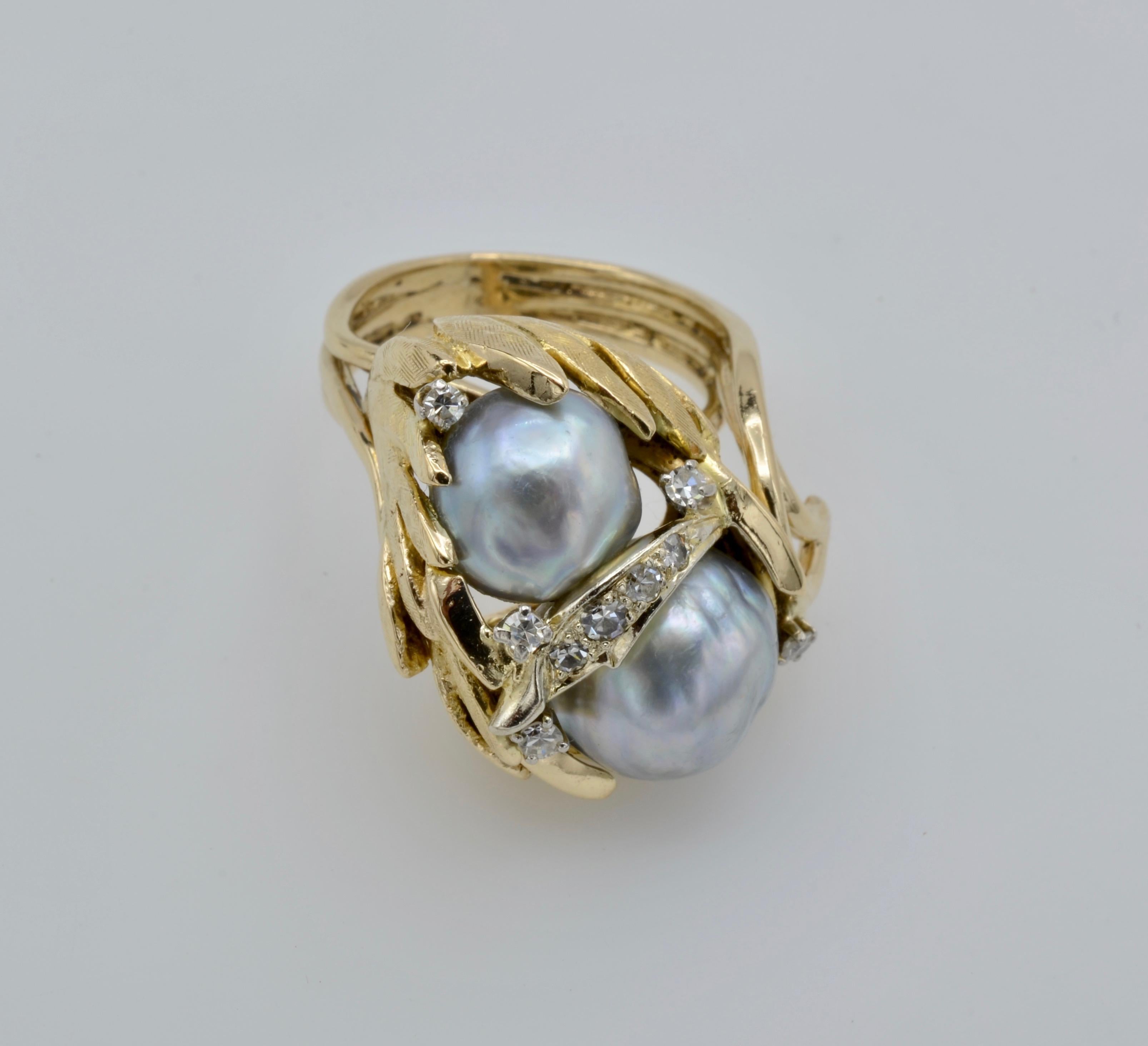 South Sea Pearl Diamond Ring Leaves Circa 1970 For Sale 3