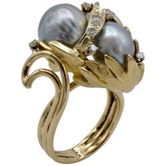 South Sea Pearl Diamond Ring Leaves Circa 1970