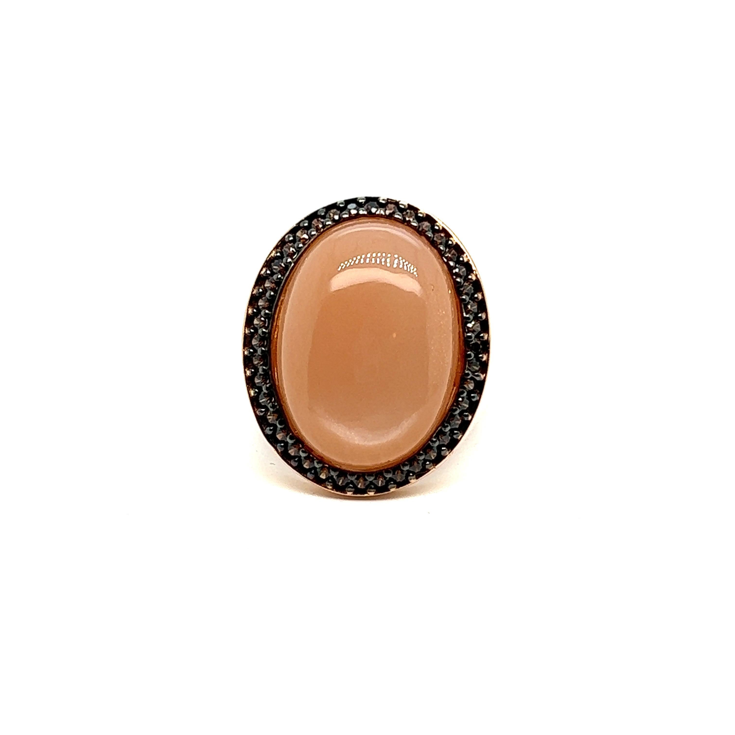 Women's Cocktail Ring Peach Moostone Brown Zircon Rose Gold 18 Karat For Sale