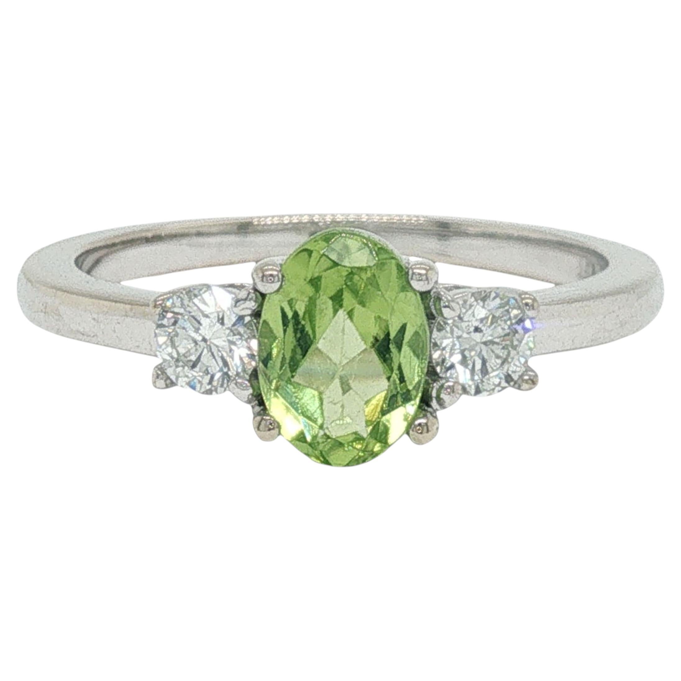 Cocktail Ring - Three-Stone Oval Peridot and Diamond Ring in White Gold