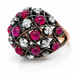 Cocktail Ring -Victorian 18K Gold & Silver 3.60 Ct Old Mine Diamond & Burma Ruby