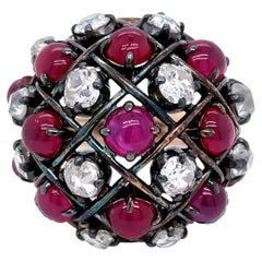 Cocktail Ring -Victorian 18K Gold & Silver 3.60 Ct Old Mine Diamond & Burma Ruby