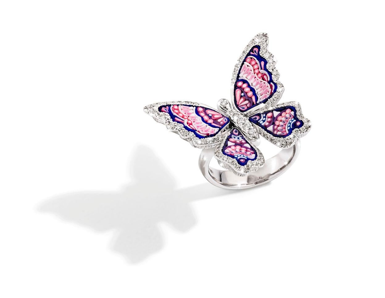 Brilliant Cut Cocktail Ring White Gold White Diamonds Hand Decorated with Micro Mosaic For Sale
