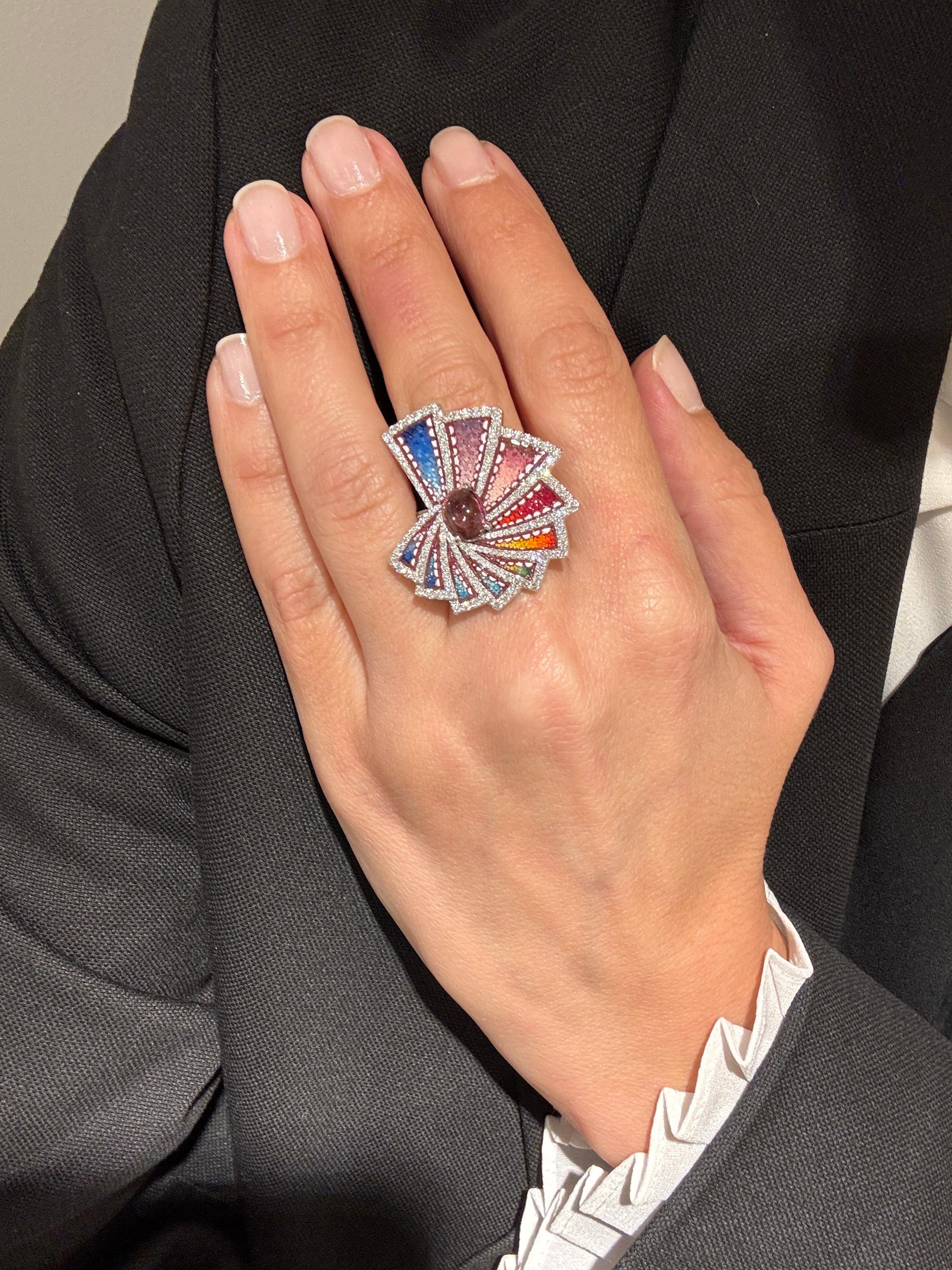 For Sale:  Cocktail Ring White Gold White Diamonds Rubelite Hand Decorated with Micromosaic 3