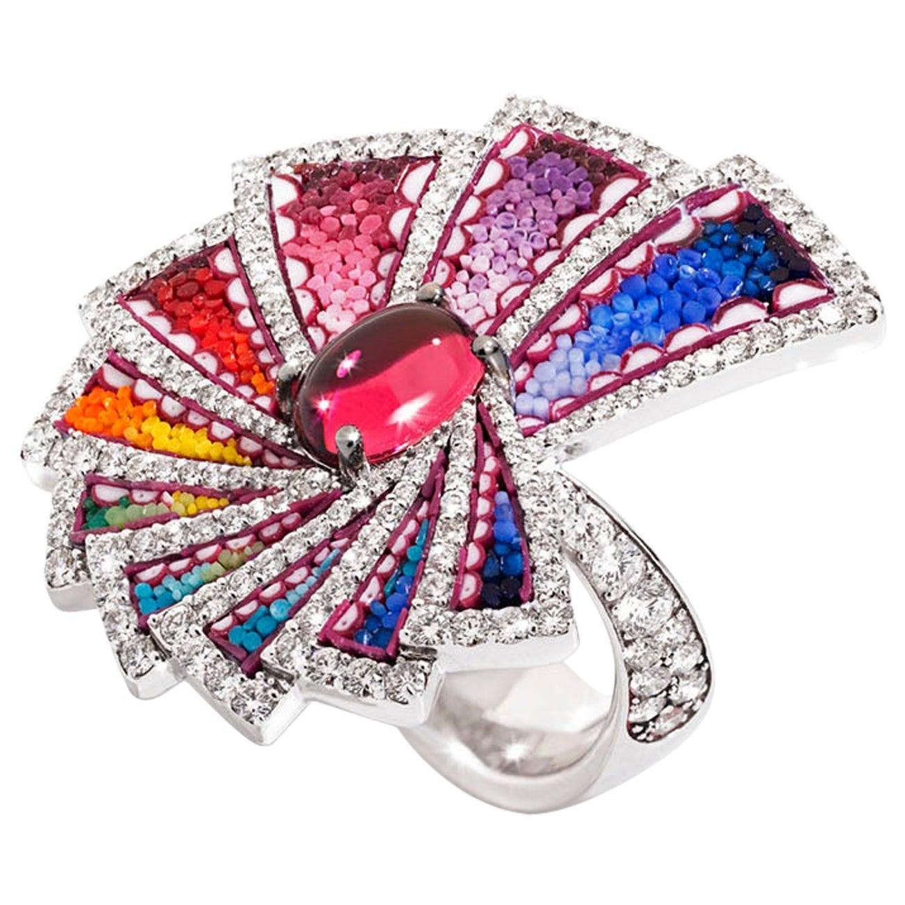 For Sale:  Cocktail Ring White Gold White Diamonds Rubelite Hand Decorated with Micromosaic