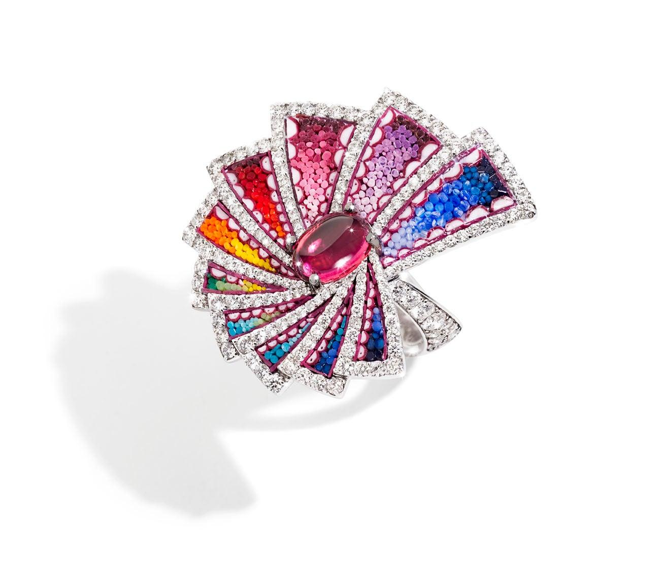 For Sale:  Cocktail Ring White Gold White Diamonds Rubelite Hand Decorated with Micromosaic 2