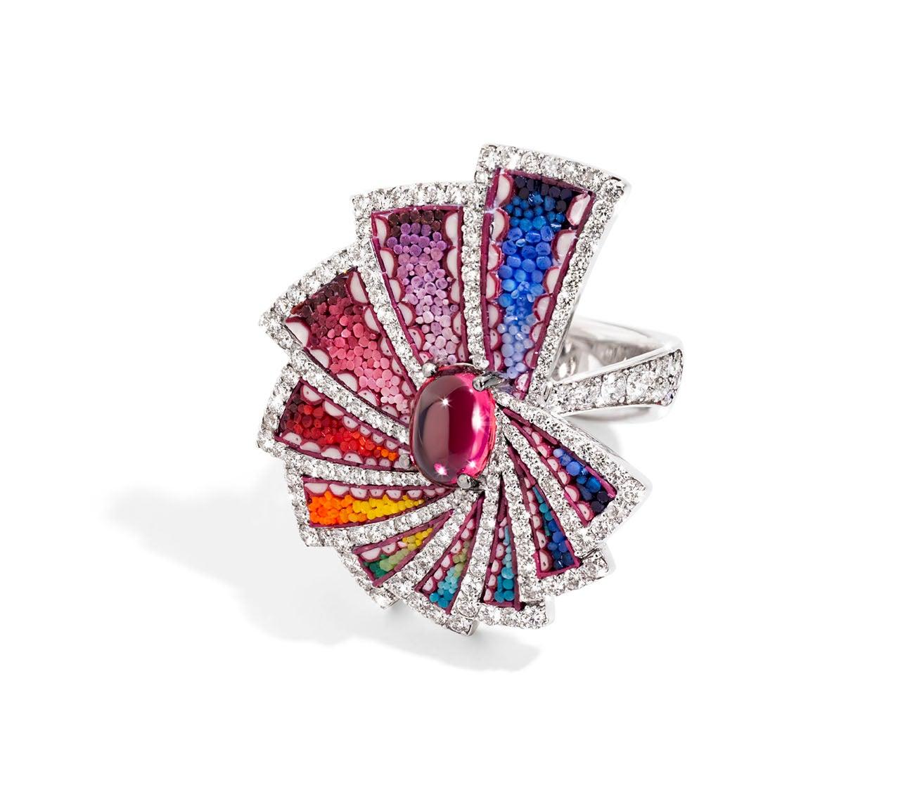 For Sale:  Cocktail Ring White Gold White Diamonds Rubelite Hand Decorated with Micromosaic 3