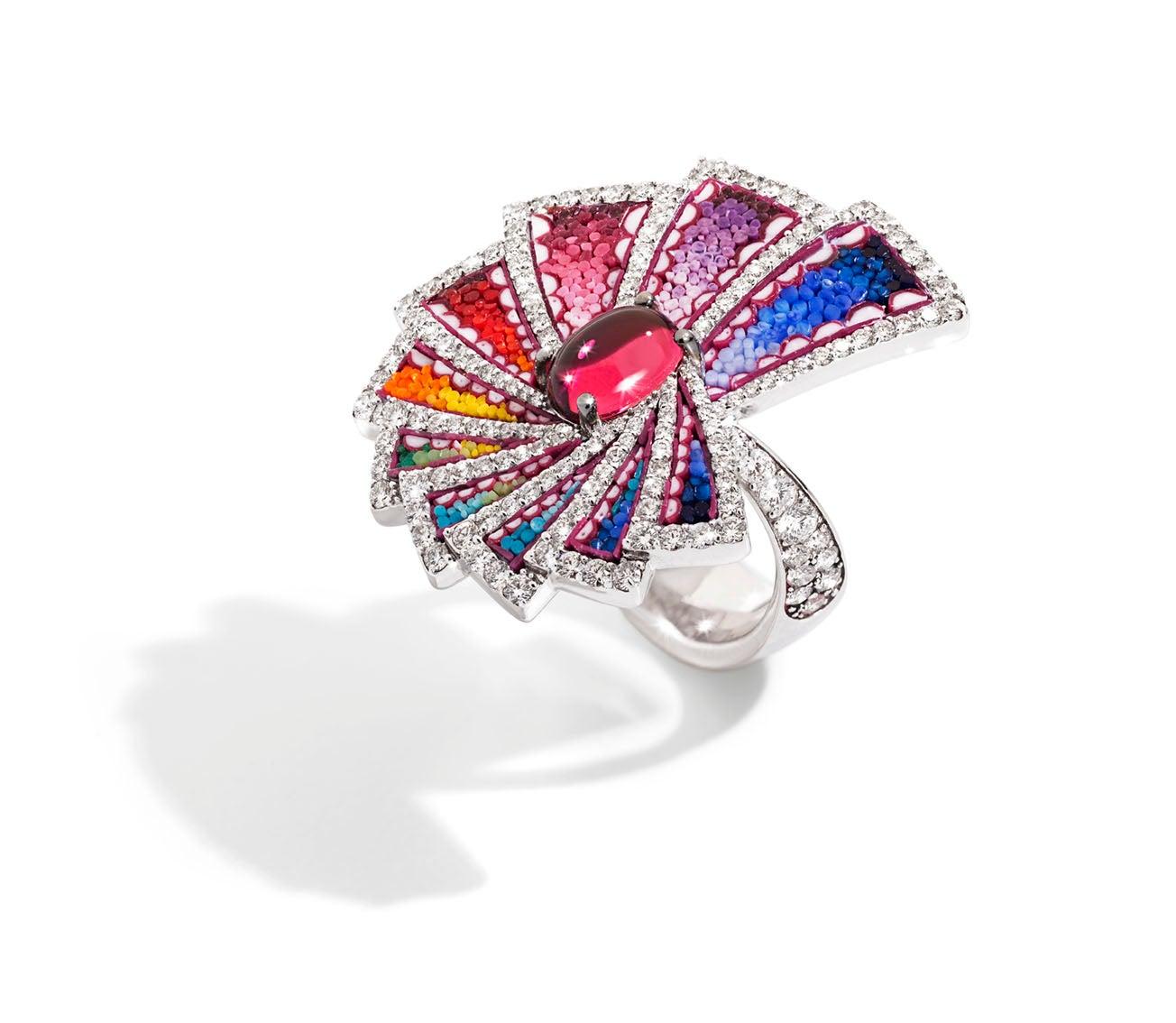 For Sale:  Cocktail Ring White Gold White Diamonds Rubelite Hand Decorated with Micromosaic 4