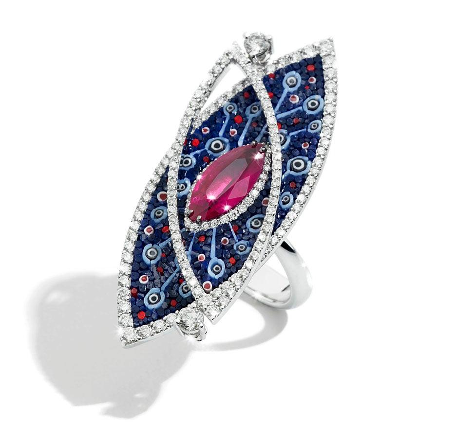 For Sale:  Cocktail Ring White Gold White Diamonds Ruby Hand Decorated with Micro Mosaic 3