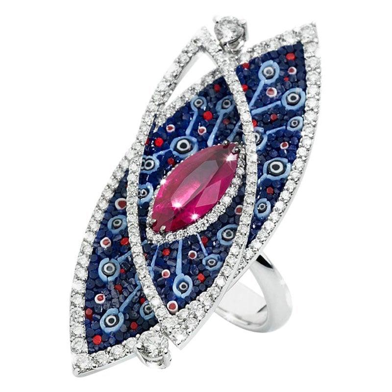 For Sale:  Cocktail Ring White Gold White Diamonds Ruby Hand Decorated with Micro Mosaic