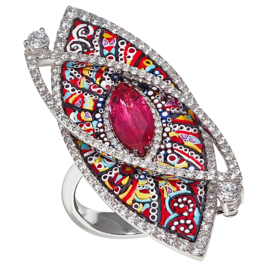 Cocktail Ring White Gold White Diamonds Ruby Hand Decorated with Micromosaic