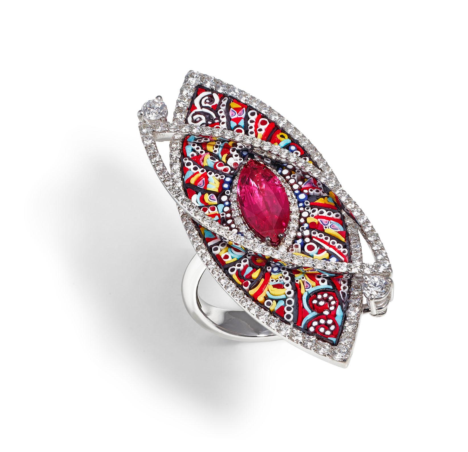 Marquise Cut Cocktail Ring White Gold White Diamonds Ruby Hand Decorated with Micromosaic For Sale