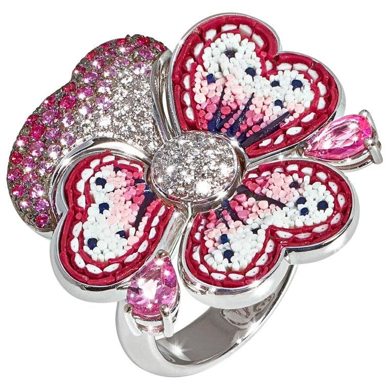 Anillo Cóctel Oro Blanco Diamantes Zafiro Turmalina Decoradomicromosaico