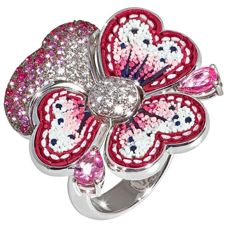 For Sale:  Cocktail Ring White Gold White Diamonds Sapphire Tourmaline Decoratedmicromosaic