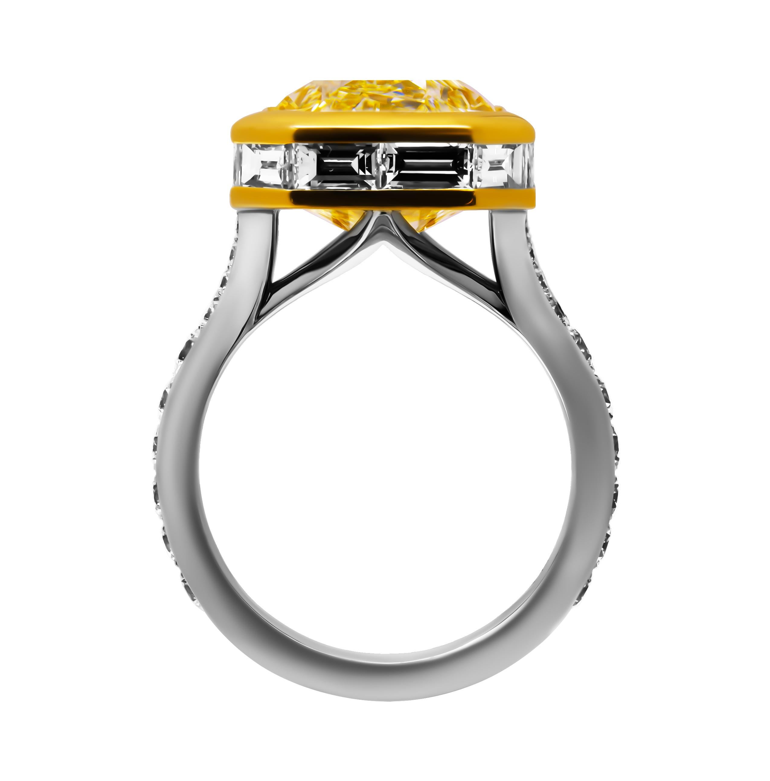 Cocktail Ring with 18k Yellow Gold & Platinum 

Shank featuring diamond split shank and bezel with baguette diamond baguettes

Center Stone: Radiant Cut 10.28ct Fancy Light Yellow VS1 
GIA# 2231176559


14 Baguette diamonds totaling 2.00ct 
Pave