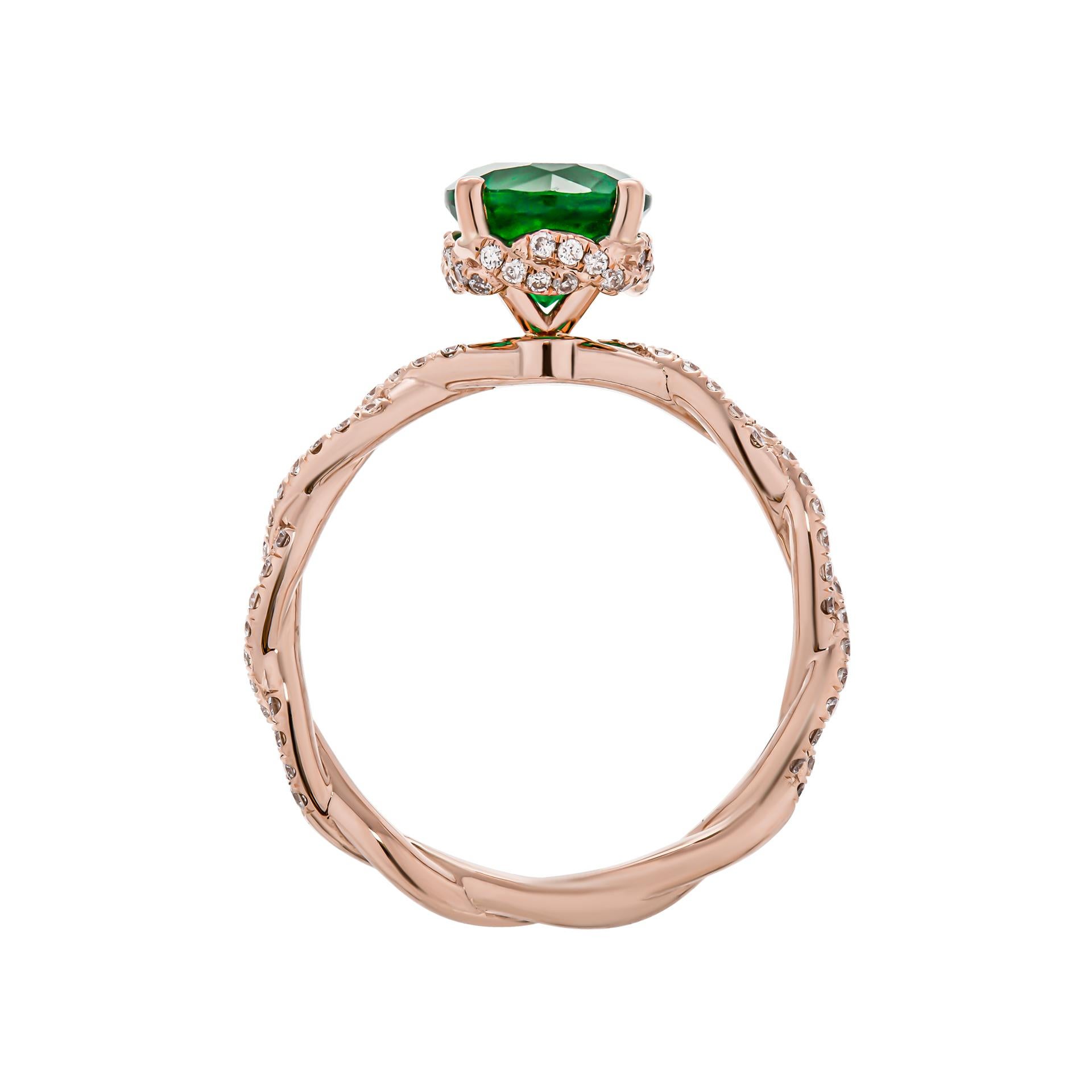 Cocktail Ring with 1.32ct Round Green Emerald in 14K Rose Gold Diamond
Twist shank & diamond twist wrap totaling 1.20ct 
Size: 5.75
Appraisal available upon request 

Retail value: 15,000.00$