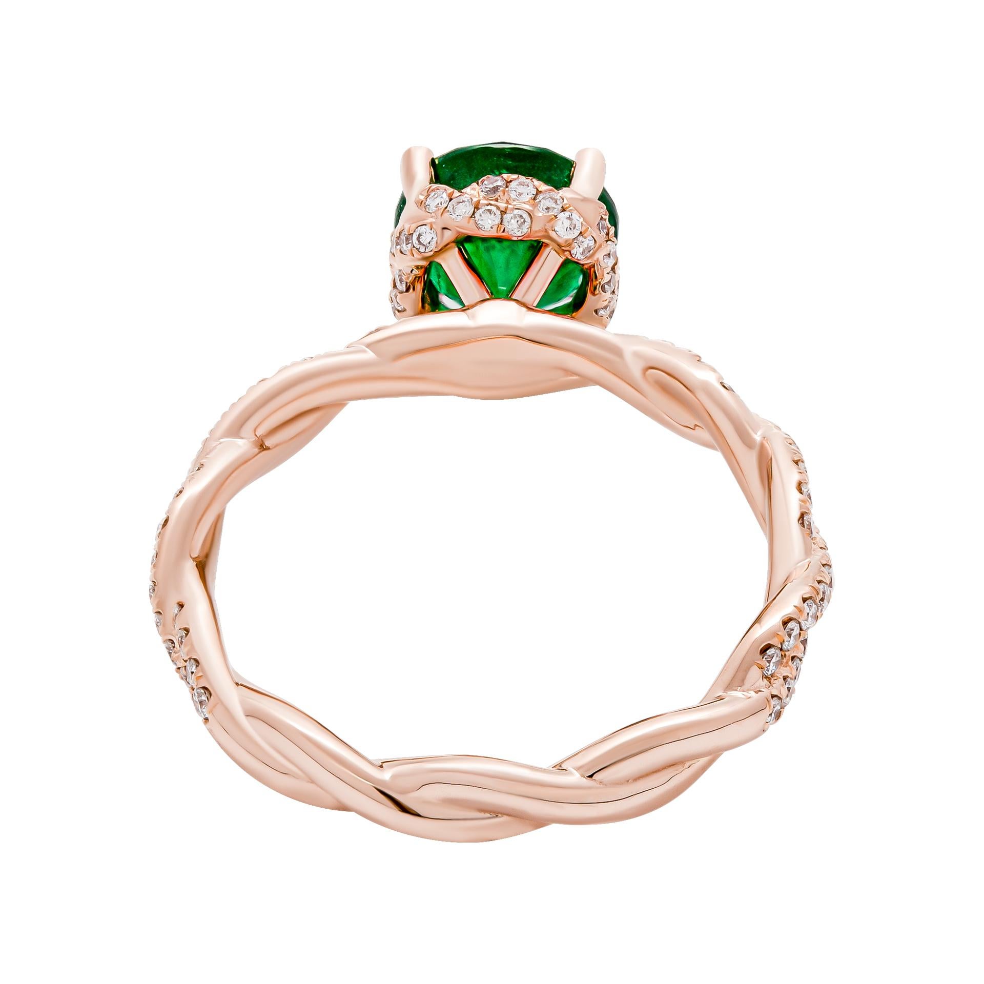 Modern Cocktail Ring with 1.32ct Round Green Emerald in 14K Rose Gold For Sale