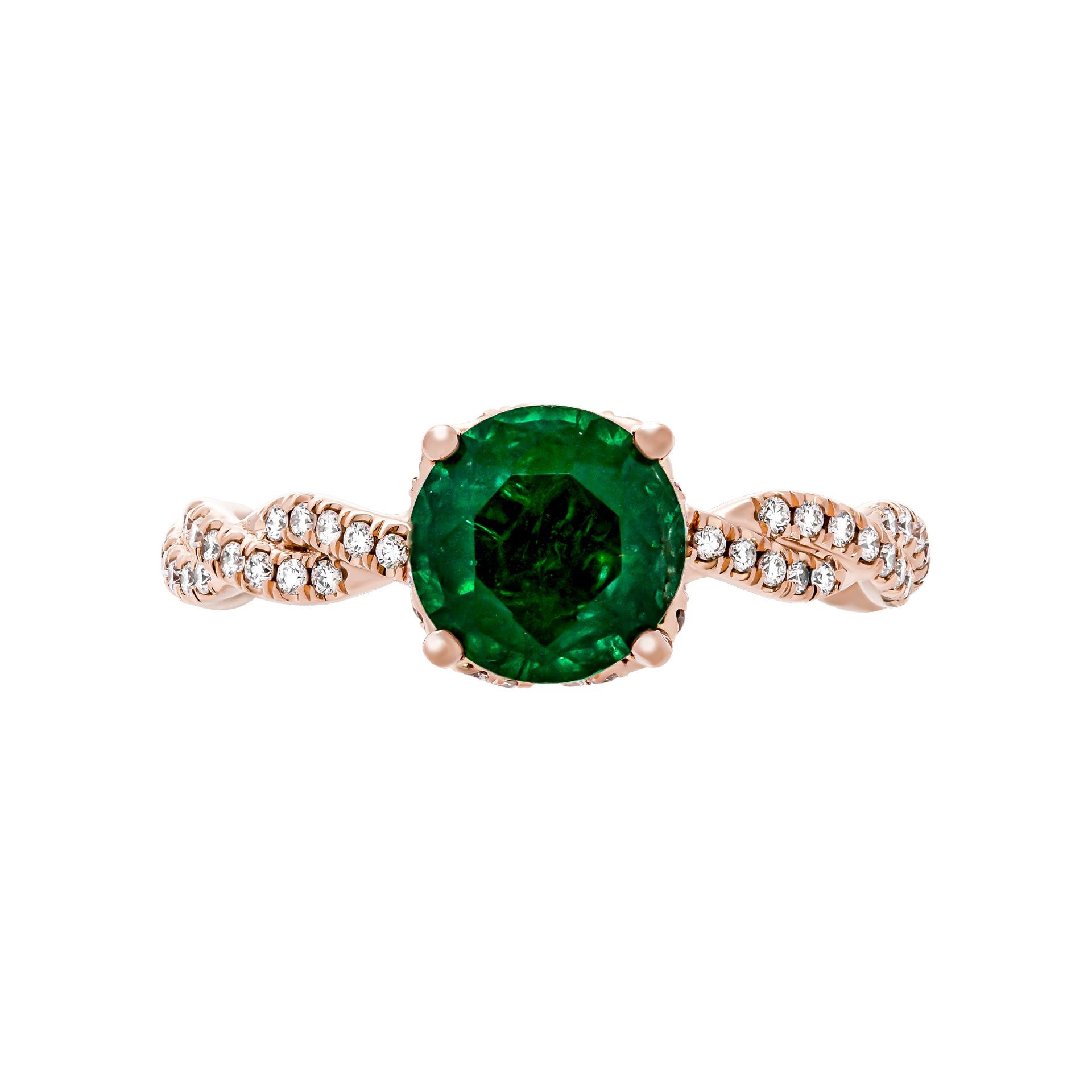 Round Cut Cocktail Ring with 1.32ct Round Green Emerald in 14K Rose Gold For Sale
