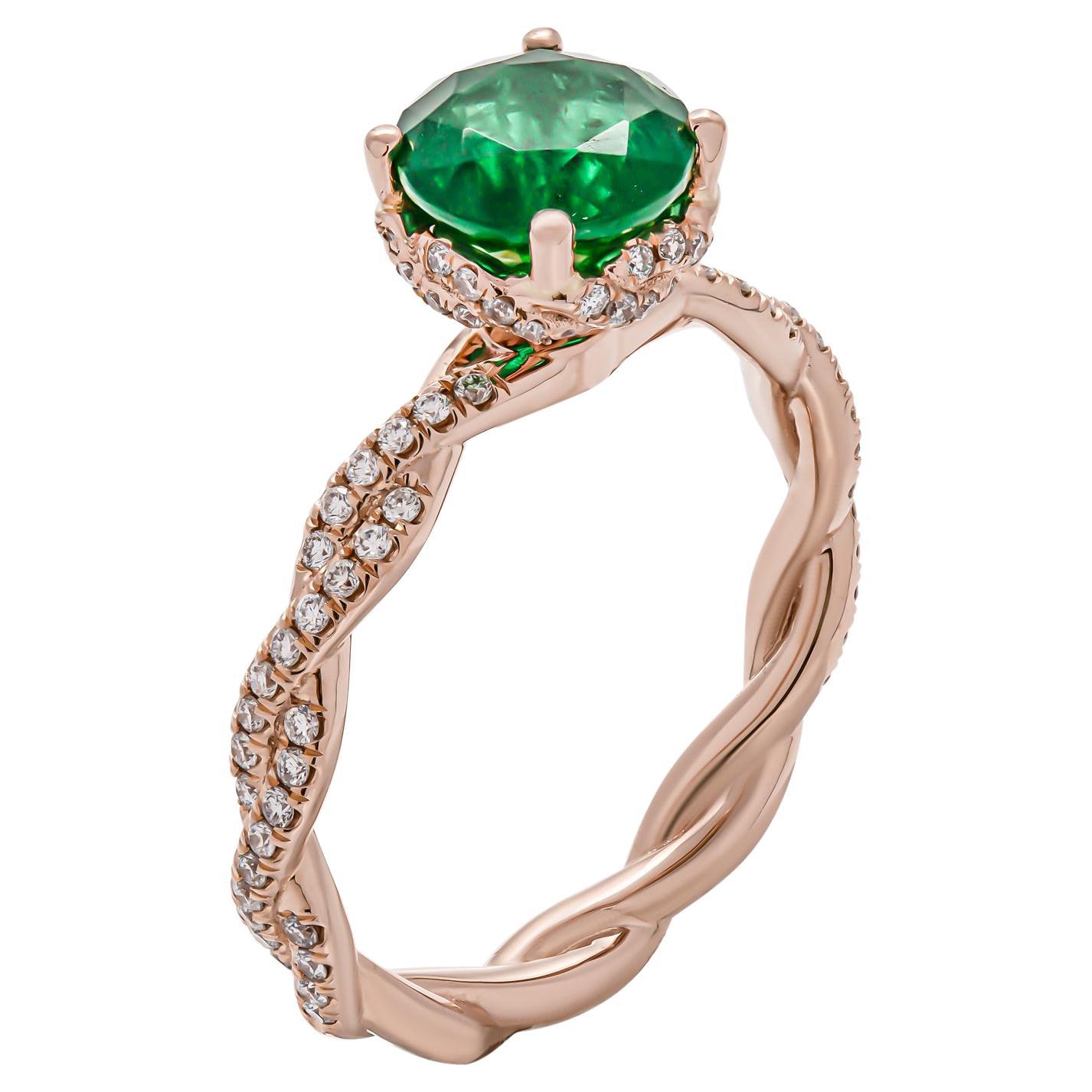 Cocktail Ring with 1.32ct Round Green Emerald in 14K Rose Gold For Sale