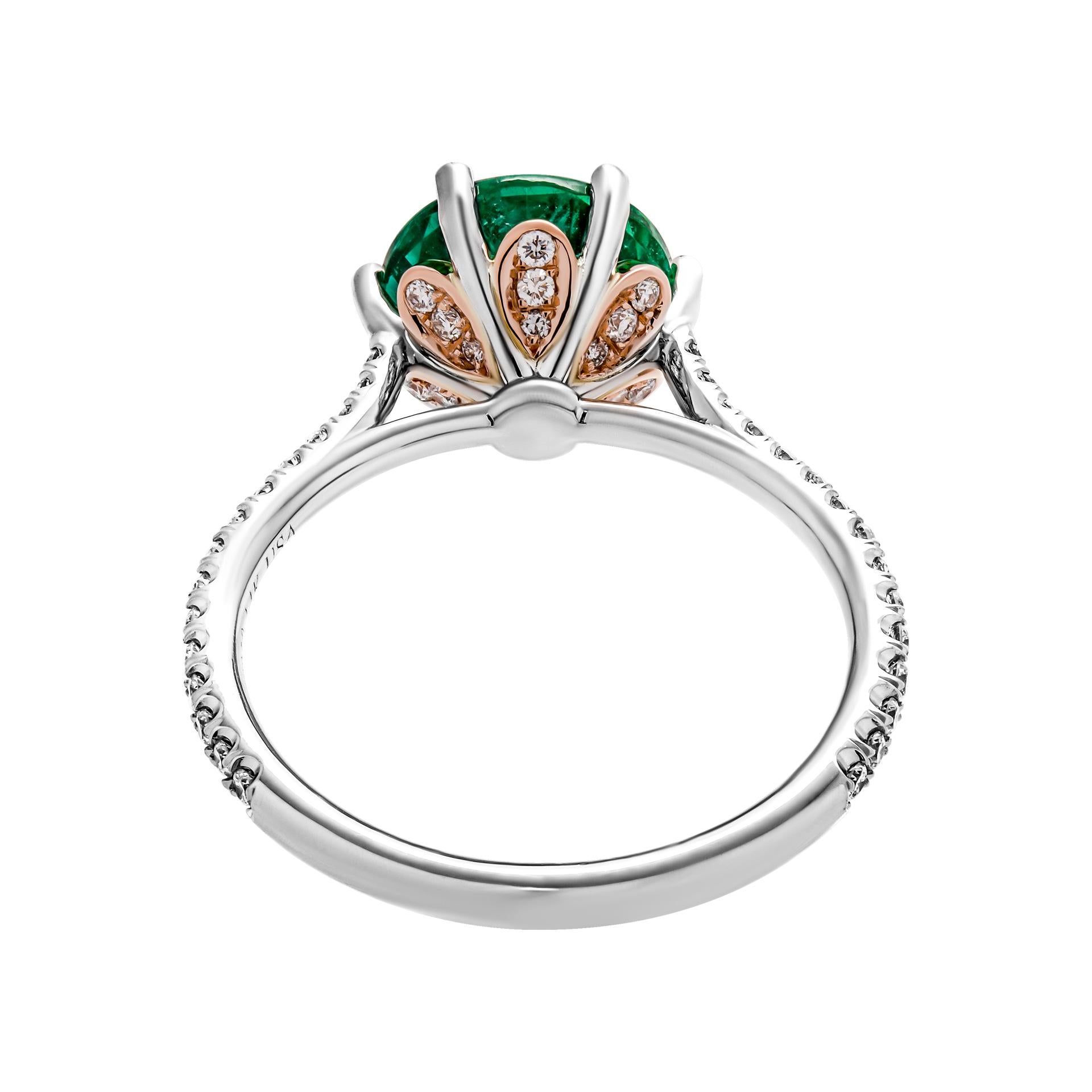 Cocktail Ring with 2.75ct Round Green Emerald in Platinum & 14K Rose Gold; 
Diamond cathedral shank & diamond petals in Rose Gold with 6 prongs 
Total Carat Weight of small stones: 0.98ct
 Size: 5.75
Appraisal available upon request 
Retail value: