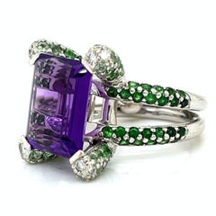 COCKTAIL Ring With 6.00 Cts Emerald-Cut Amethyst Tsavorite and Diamond