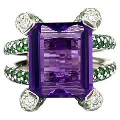 COCKTAIL Ring With 6.00 Cts Emerald-Cut Amethyst Tsavorite and Diamond