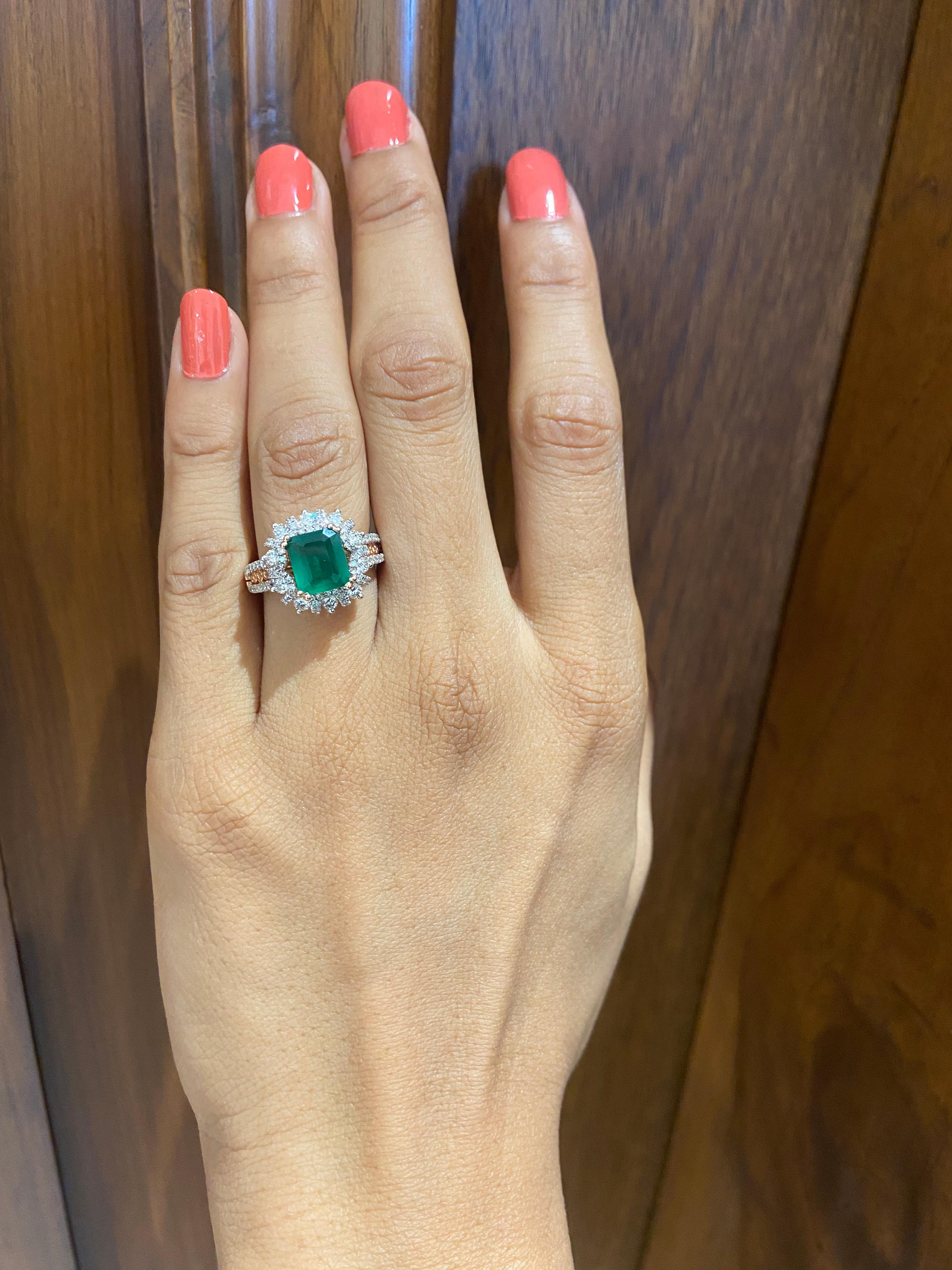 For Sale:  Cocktail Ring with a Natural Emerald & Diamonds in 18k Solid Gold 15