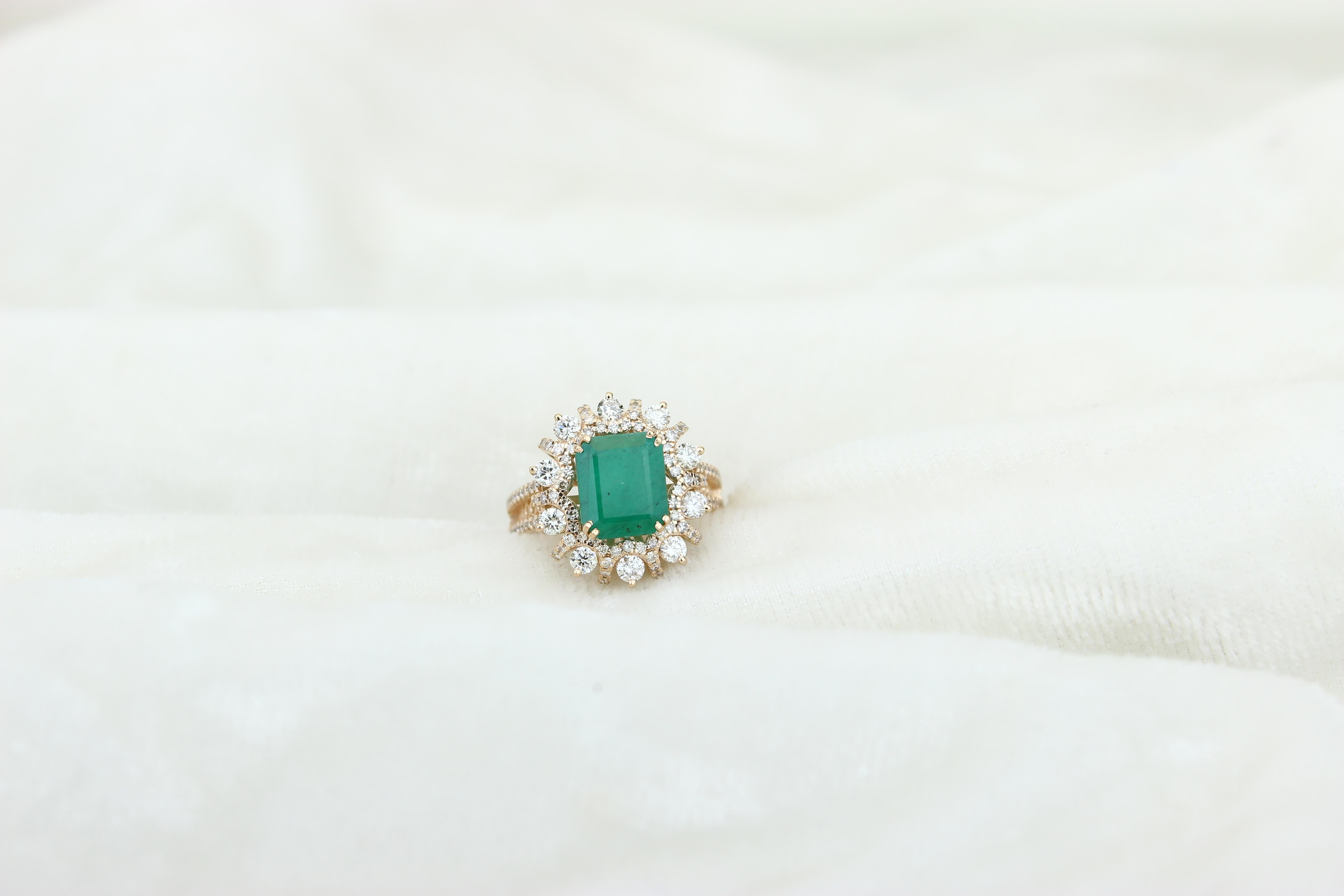 For Sale:  Cocktail Ring with a Natural Emerald & Diamonds in 18k Solid Gold 5