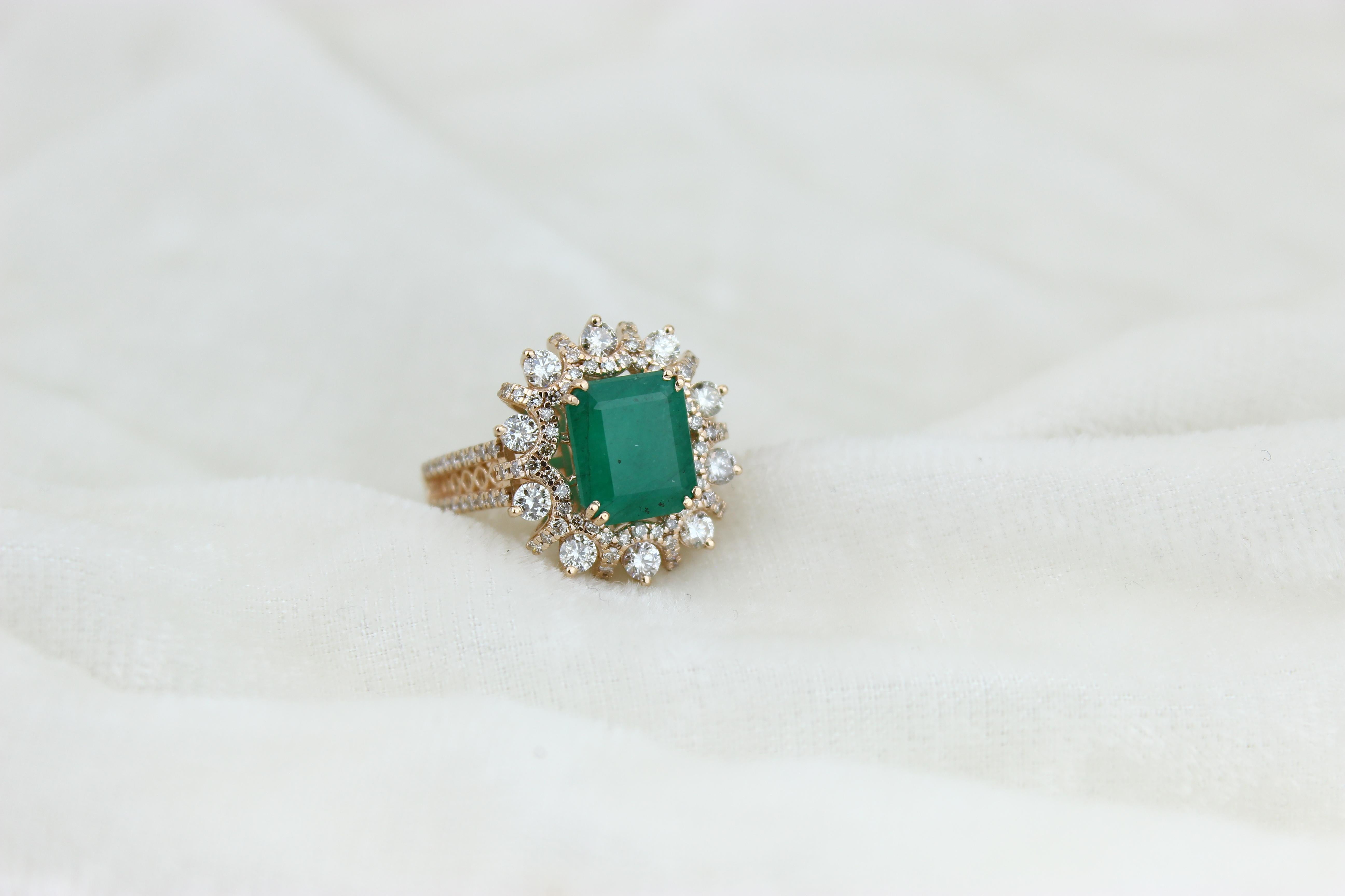For Sale:  Cocktail Ring with a Natural Emerald & Diamonds in 18k Solid Gold 7