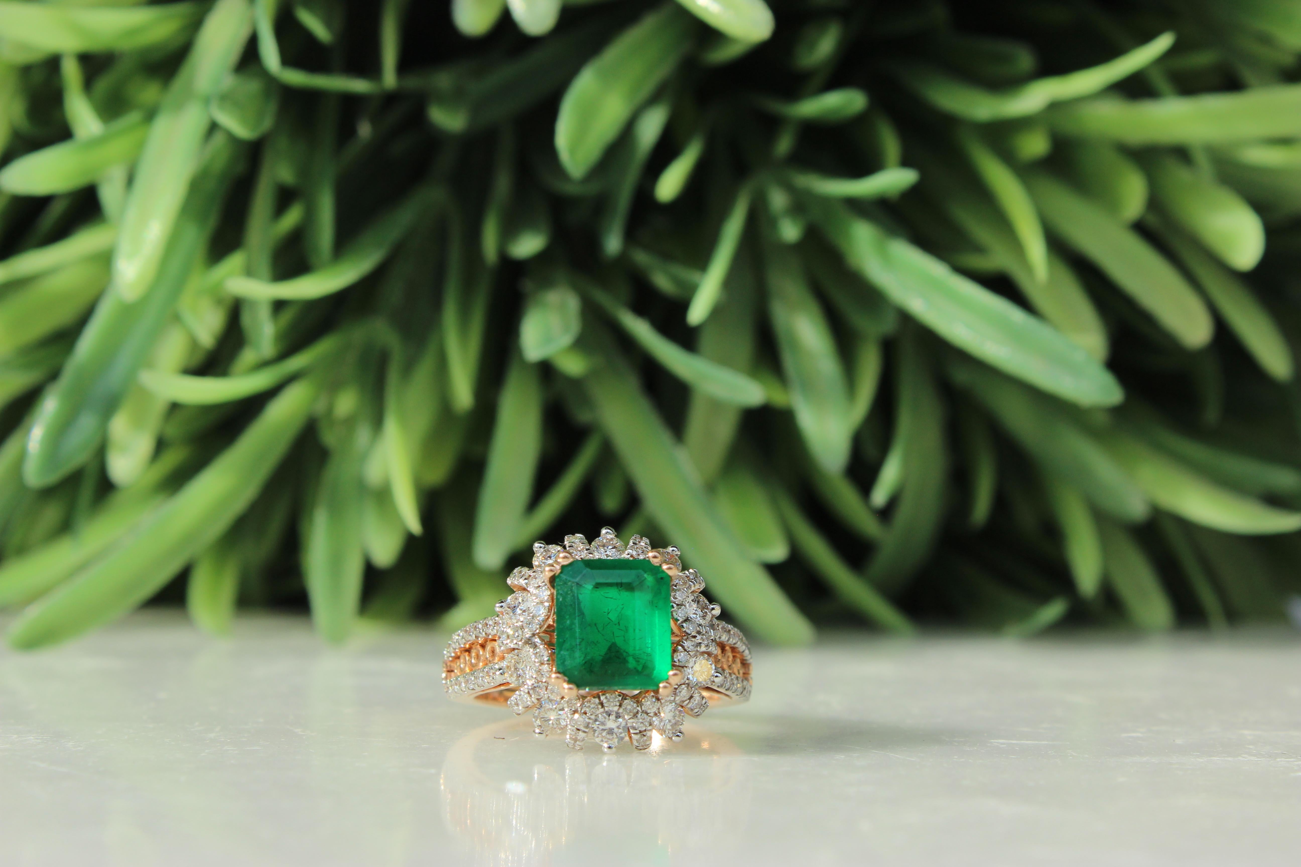 For Sale:  Cocktail Ring with a Natural Emerald & Diamonds in 18k Solid Gold 8