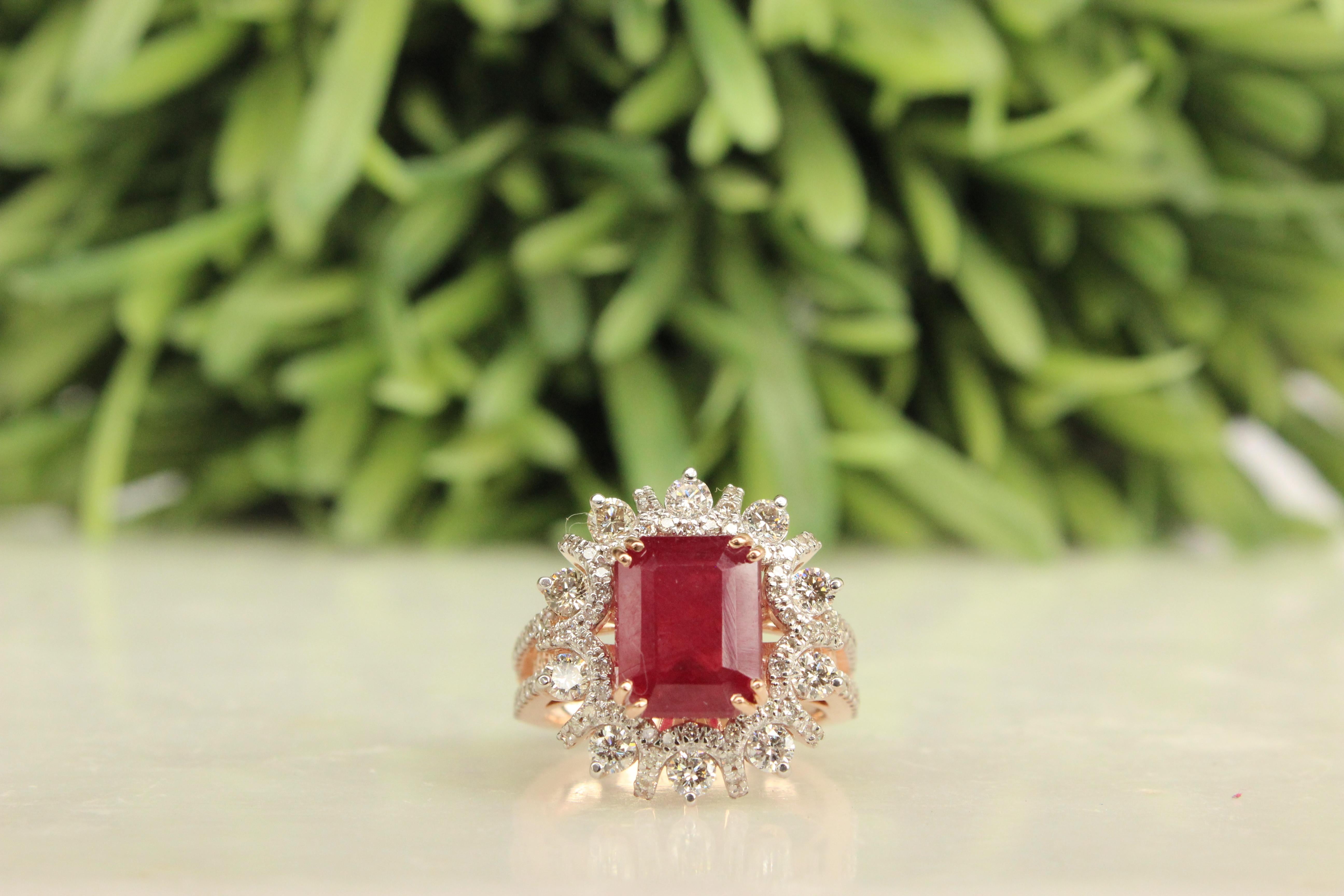For Sale:  Cocktail Ring with an Emerald Cut Natural Ruby & Diamonds in 18k Solid Gold 2