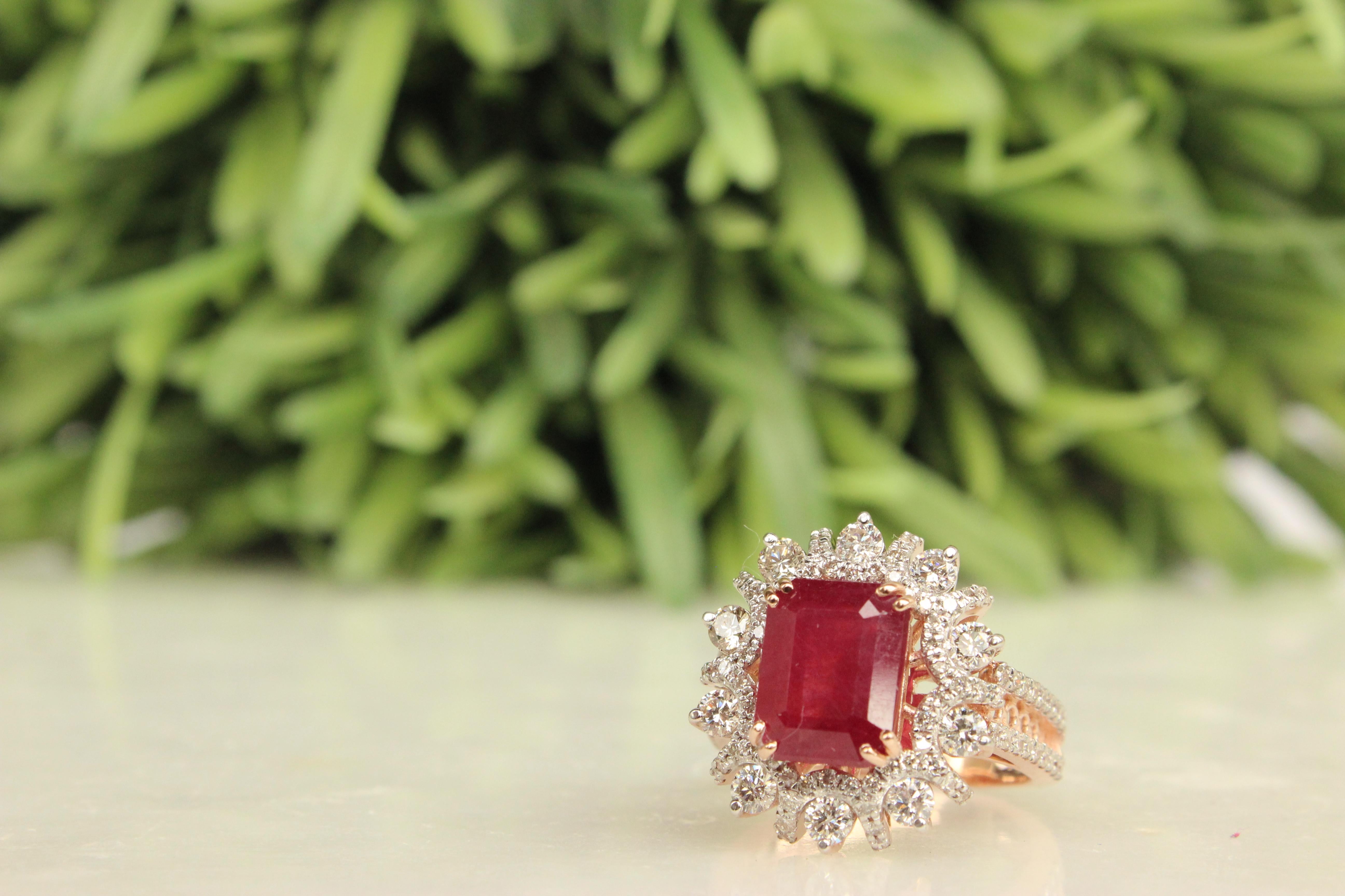 For Sale:  Cocktail Ring with an Emerald Cut Natural Ruby & Diamonds in 18k Solid Gold 3