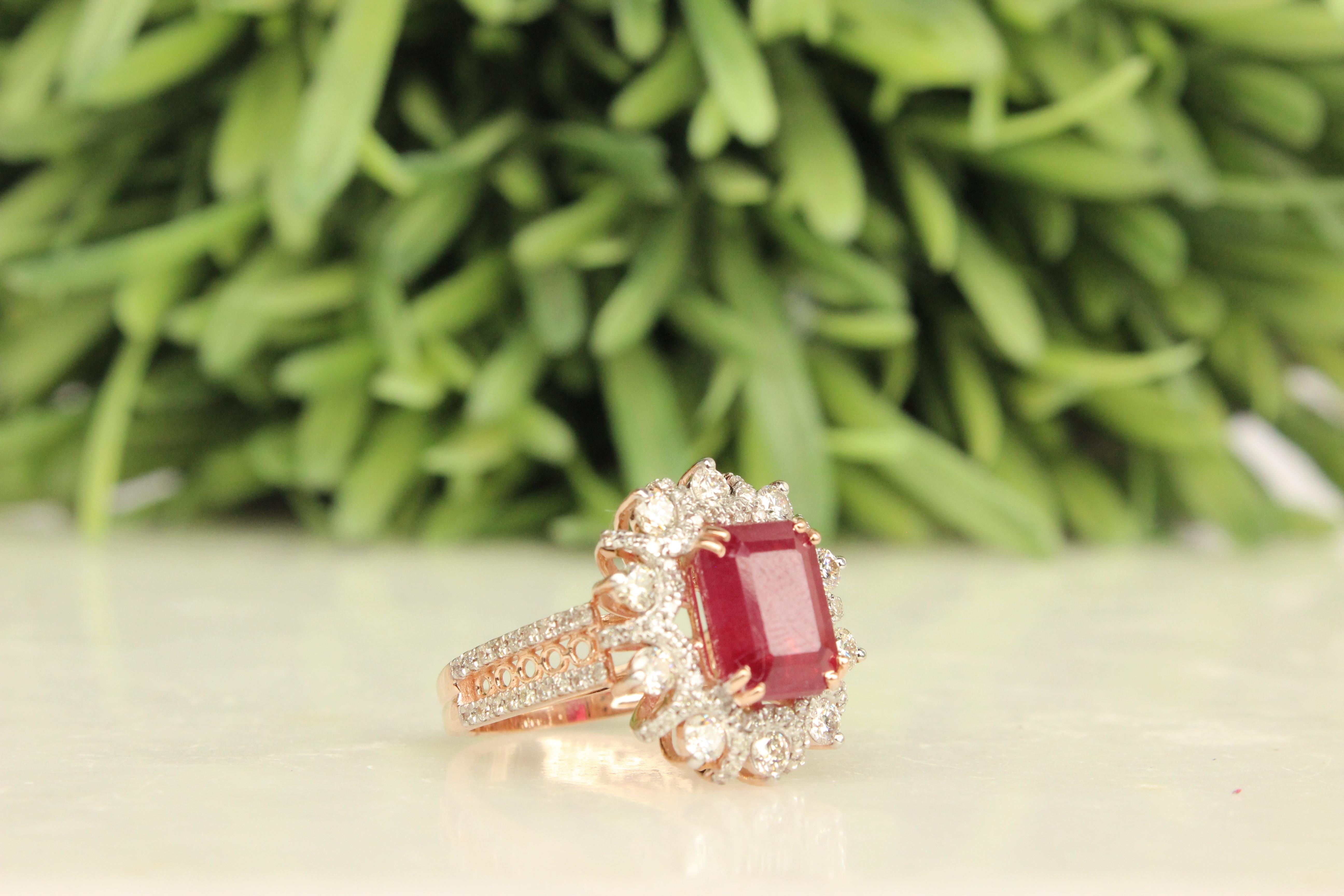 For Sale:  Cocktail Ring with an Emerald Cut Natural Ruby & Diamonds in 18k Solid Gold 4