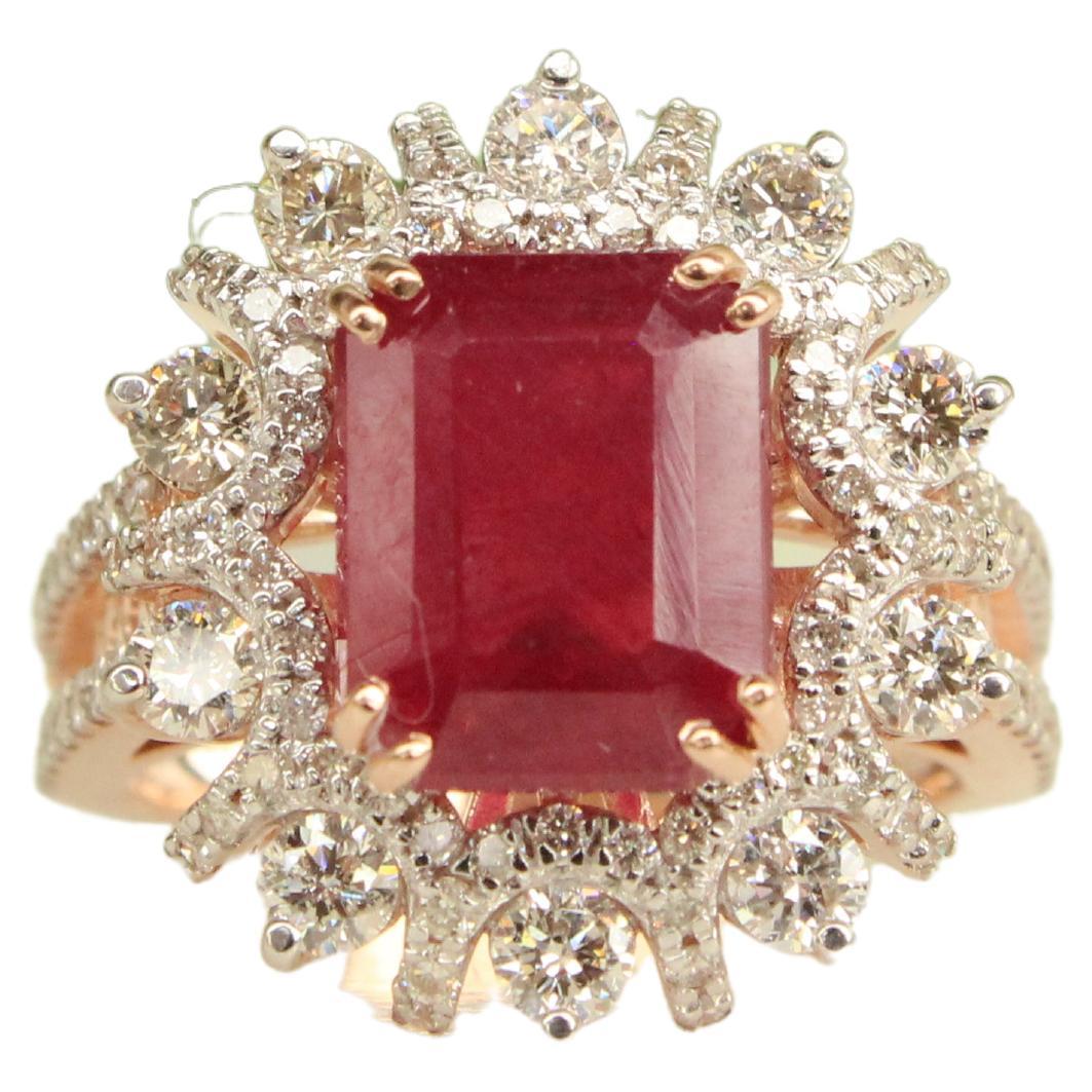 Cocktail Ring with an Emerald Cut Natural Ruby & Diamonds in 18k Solid Gold