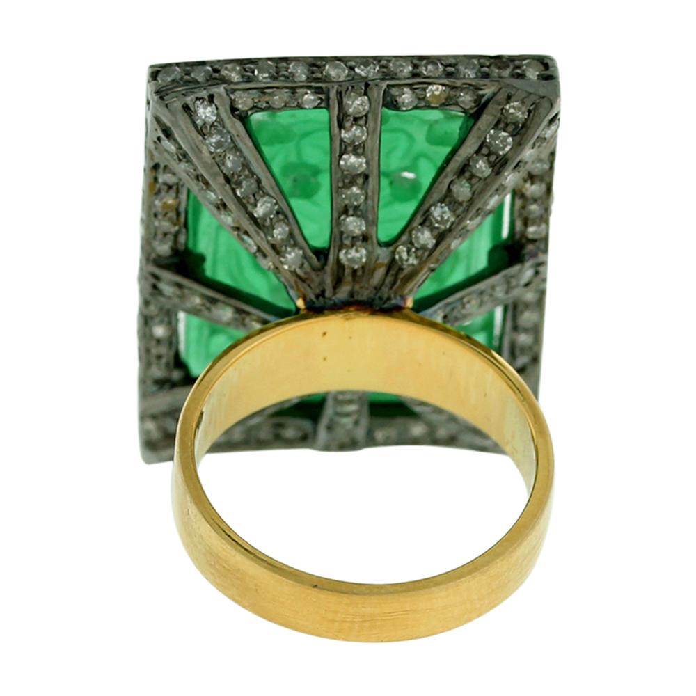 Modern Cocktail Ring with Carved Green Onyx in Center Surrounded by Pave Diamonds For Sale
