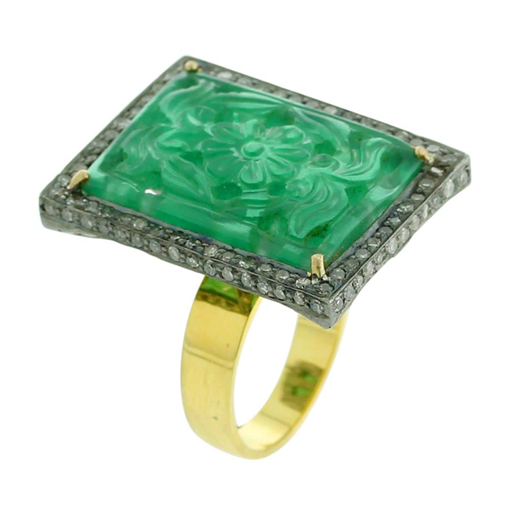 Mixed Cut Cocktail Ring with Carved Green Onyx in Center Surrounded by Pave Diamonds For Sale