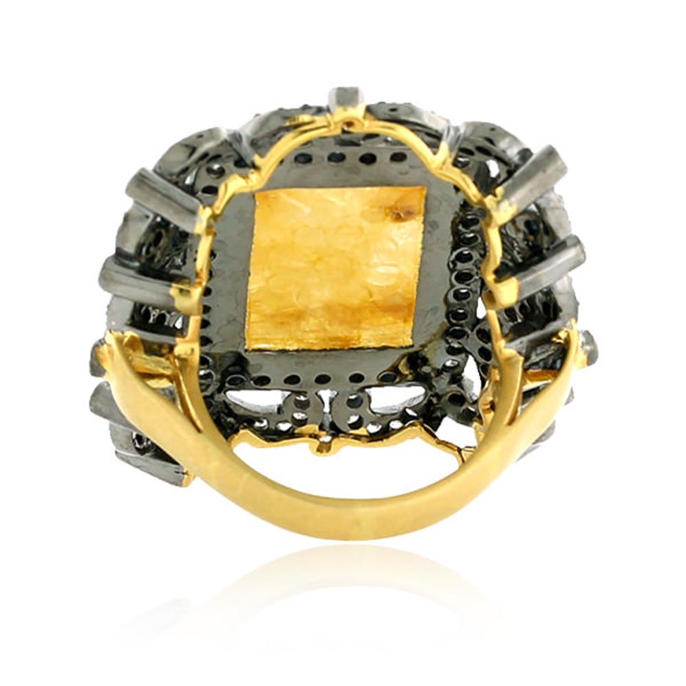 Modern Cocktail Ring with Carved Yellow Sapphire Surrounded by Pave Diamonds For Sale