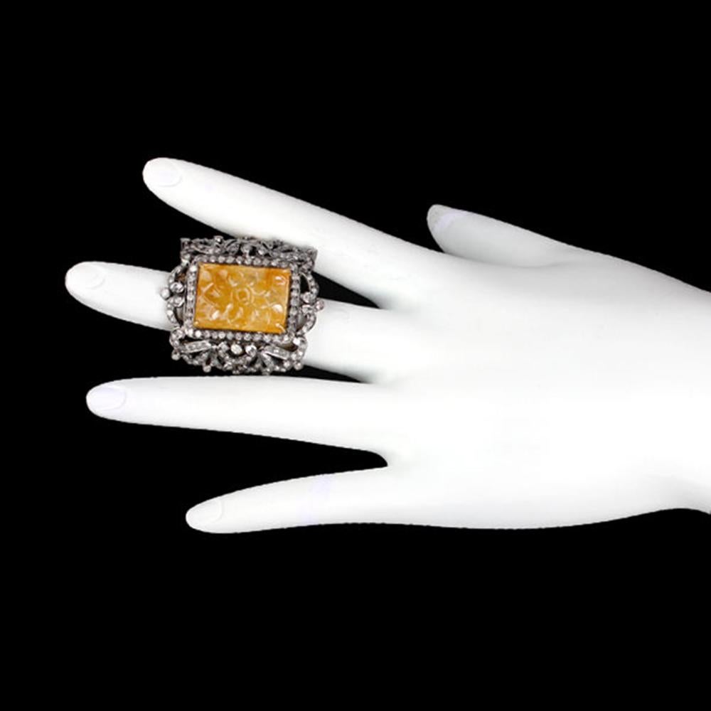 Mixed Cut Cocktail Ring with Carved Yellow Sapphire Surrounded by Pave Diamonds For Sale