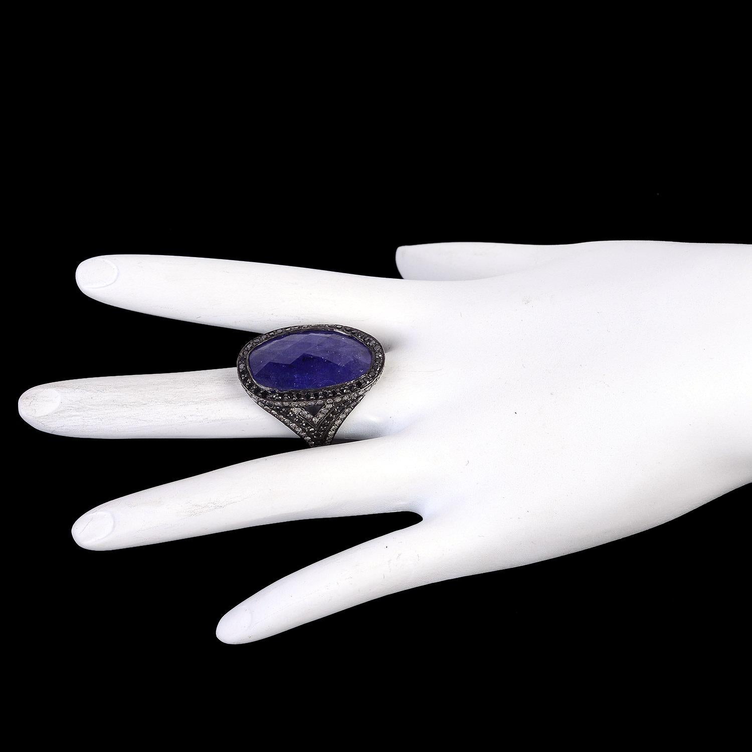 Mixed Cut Tanzanite Slice Ring Surrounded by Black & White Diamonds For Sale