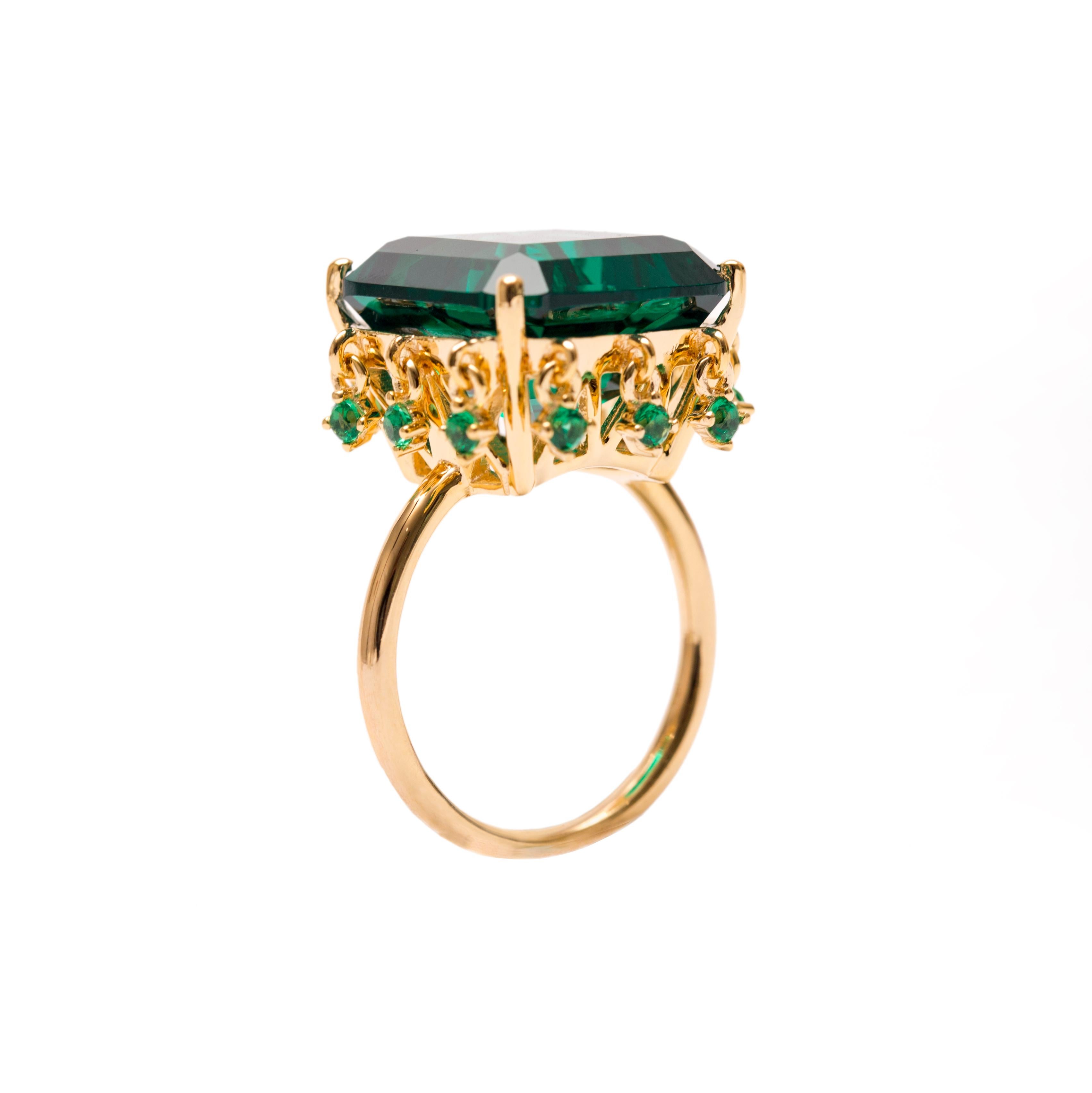 Part of our new Malikat = Queens collection- inspired by the ruling females of ancient Egypt. A dazzling ring to signify the queen's crown. Hand crafted vermeil gold with hand cut statement high grade emerald green color Cubic zircon and charm