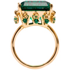 Cocktail Ring with Cushion Cut Emerald Color Stone with Charms Vermeil Gold