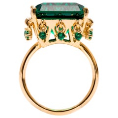 Cocktail Ring with Cushion Cut Emerald Color Stone with Charms Vermeil Gold