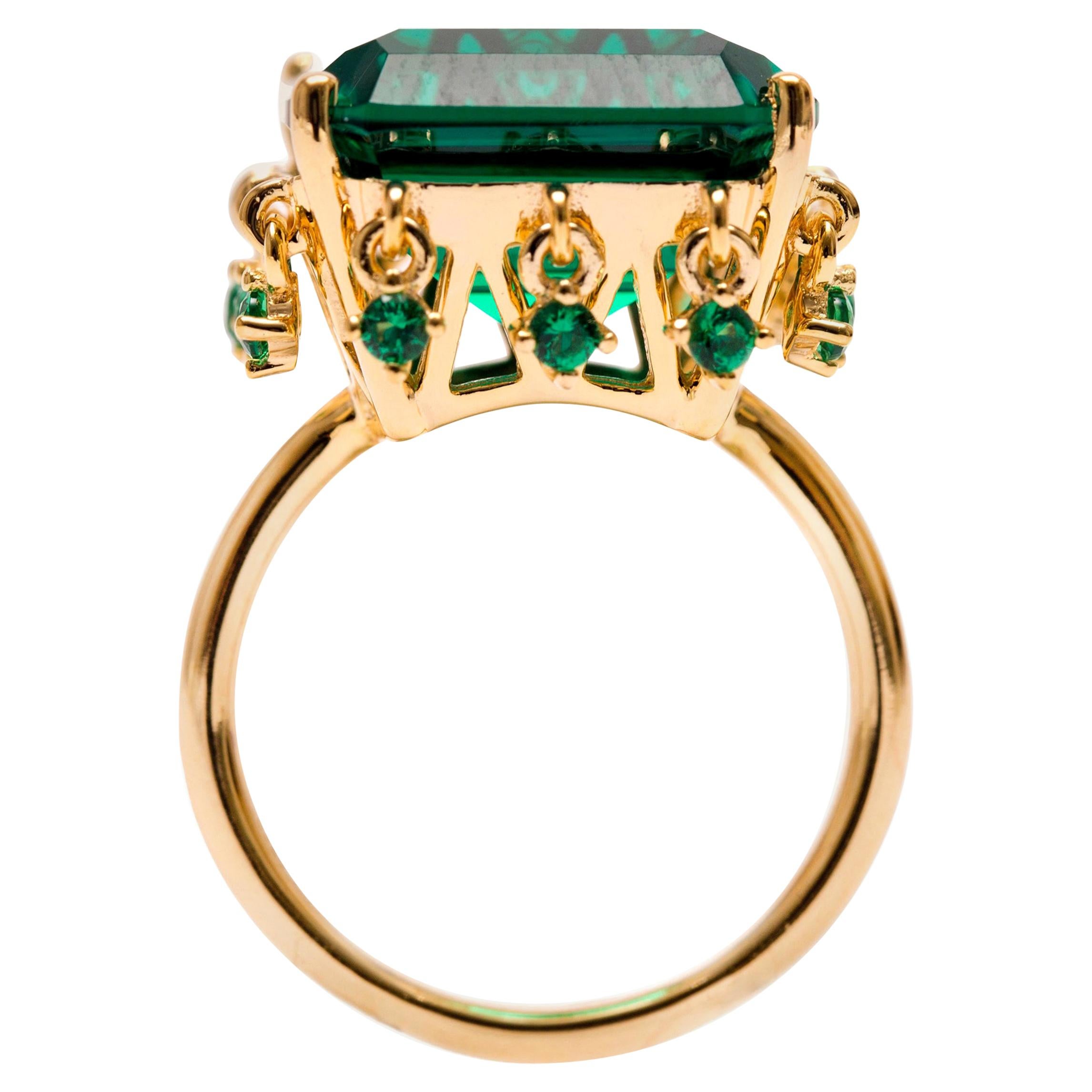 Cocktail Ring with Cushion Cut Emerald Color Stone with Charms Vermeil Gold