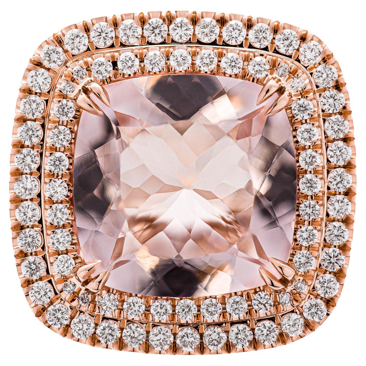 Cocktail Ring in 14K Rose Gold;
Featuring Double halo around 6.75ct Morganite
 Diamond cathedral shank & diamond stems totaling 1.55ct of white full brilliant cut diamonds
Size: 7 (sizable)
Comes with box, Appraisal available upon request
Retail
