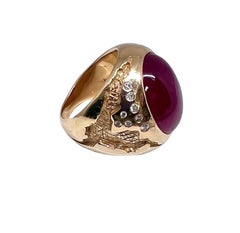 Cocktail Ring with Enhanced Cabochon Ruby and 10 Diamonds in 14k Yellow Gold