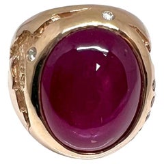 Cocktail Ring with Enhanced Cabochon Ruby and 10 Diamonds in 14k Yellow Gold